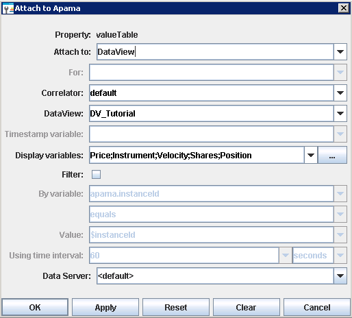 Example of a filled-in Attach to Apama dialog