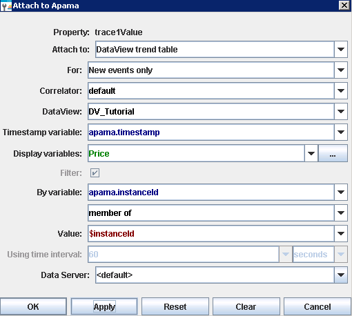 Example of a filled-in Attach to Apama dialog