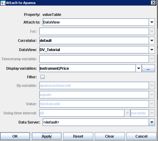 Illustration of the Attach to Apama dialog for valueTable