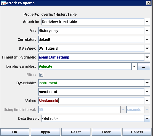 Example of a filled-in Attach to Apama dialog