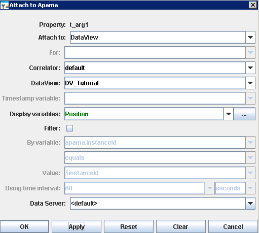 Example of filled-in Attach to Apama dialog