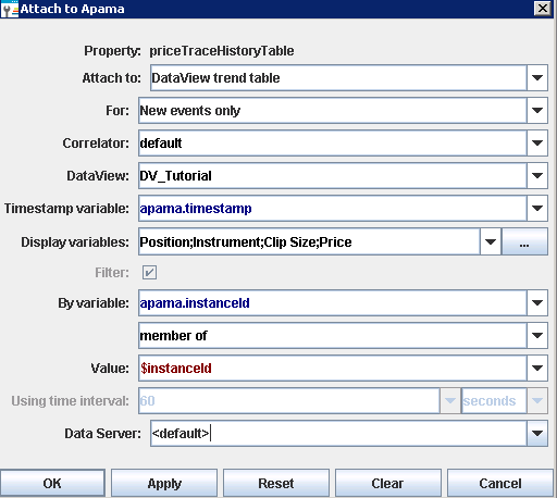 Example of a filled-in Attach to Apama dialog