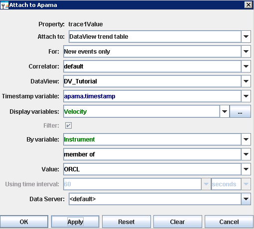 Example of filled-in Attach to Apama dialog