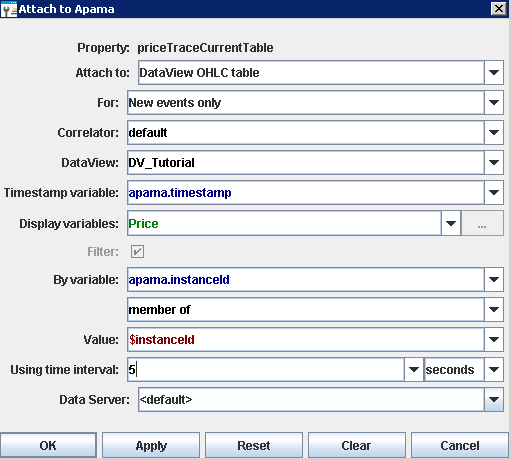 Example of a filled-in Attach to Apama dialog