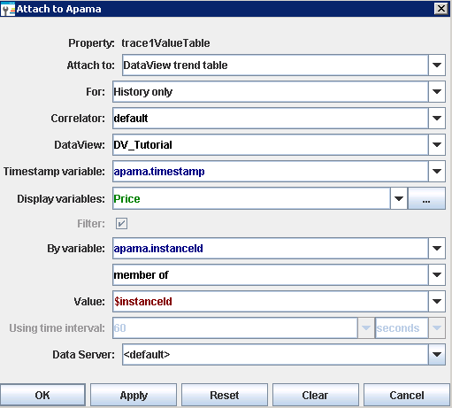 Example of a filled-in Attach to Apama dialog