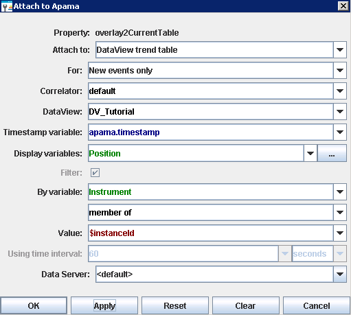 Example of a filled-in Attach to Apama dialog