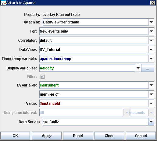 Example of a filled-in Attach to Apama dialog