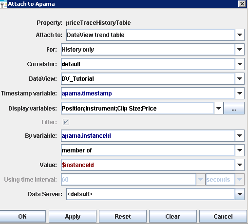 Example of a filled-in Attach to Apama dialog