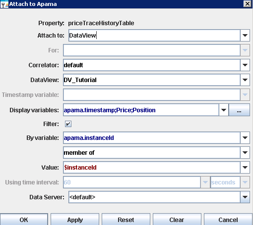 Example of a filled-in Attach to Apama dialog