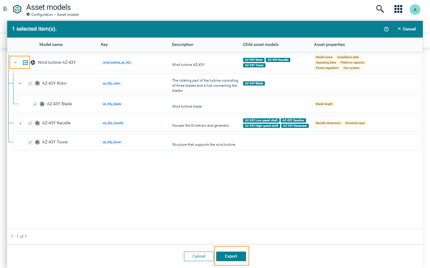 Export asset models dialog