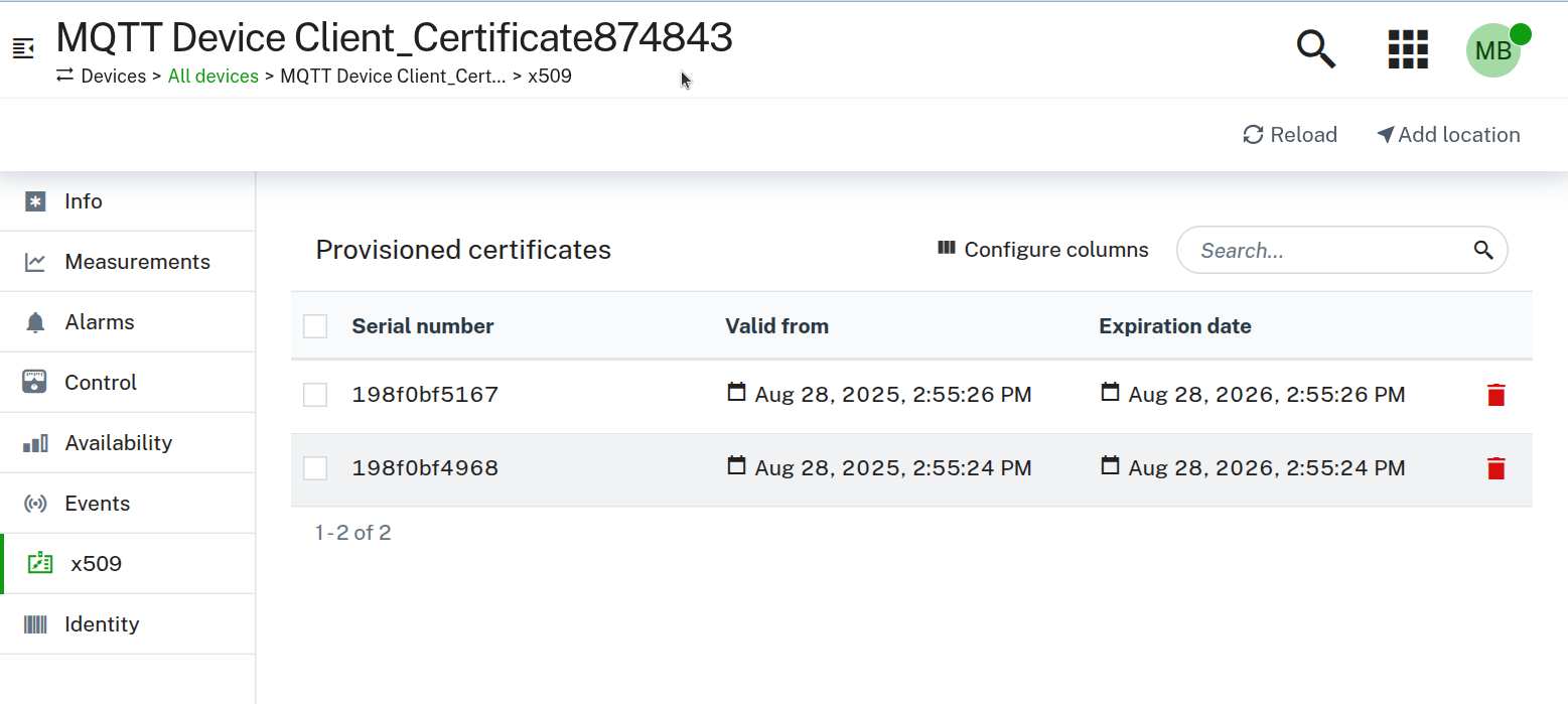 List of provisioned certificates
