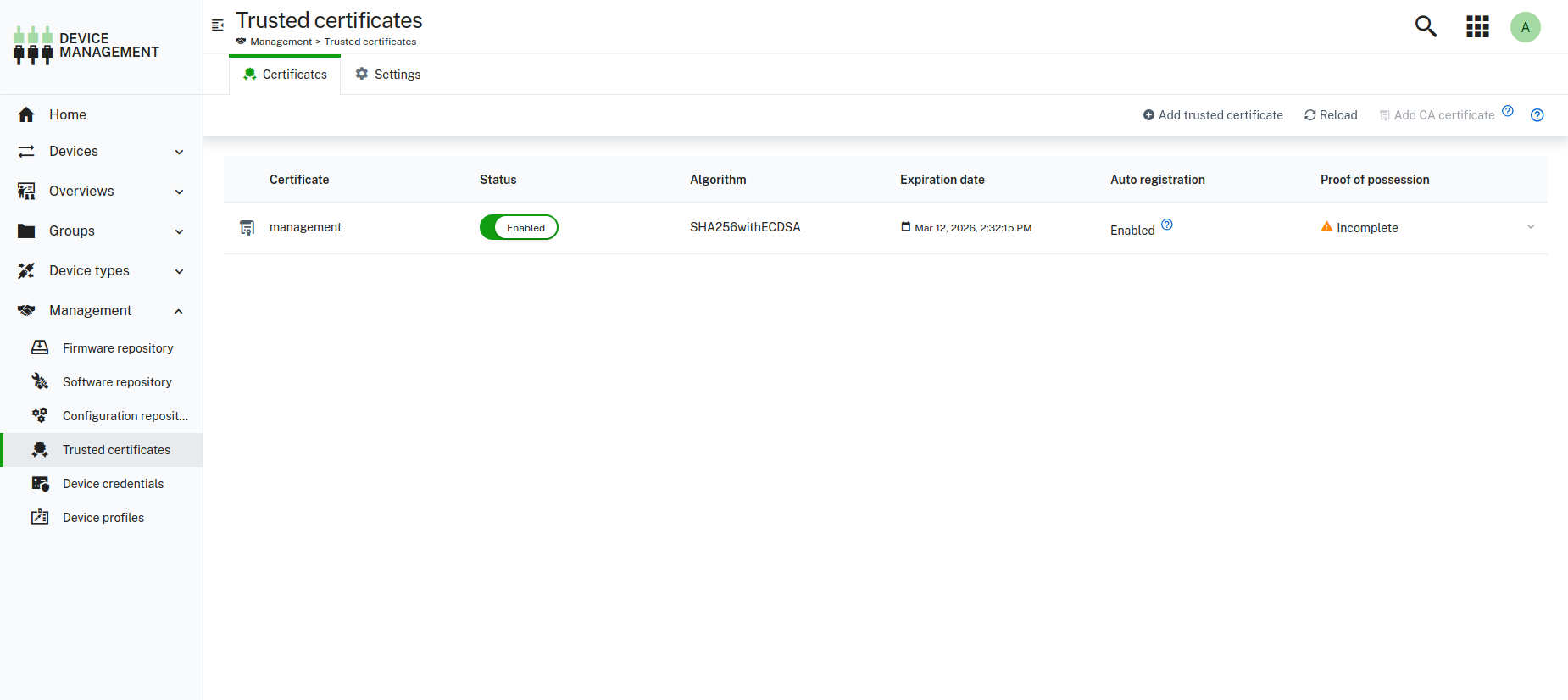 Trusted CA certificate added