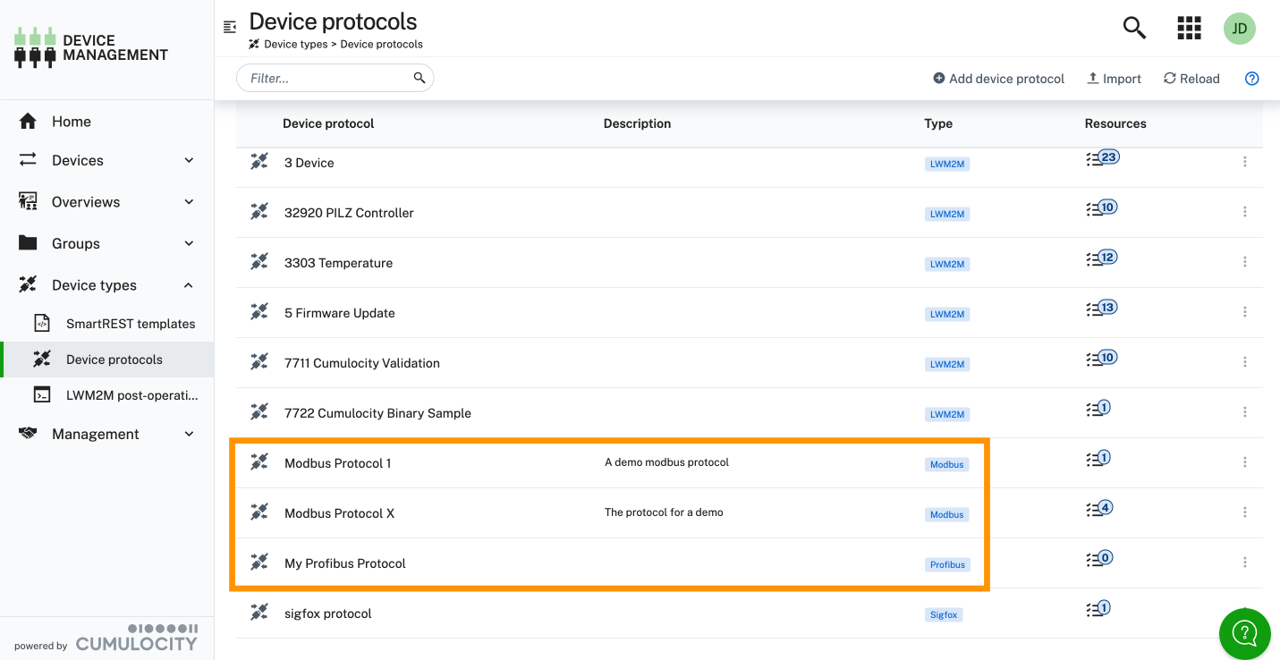 Device protocol list