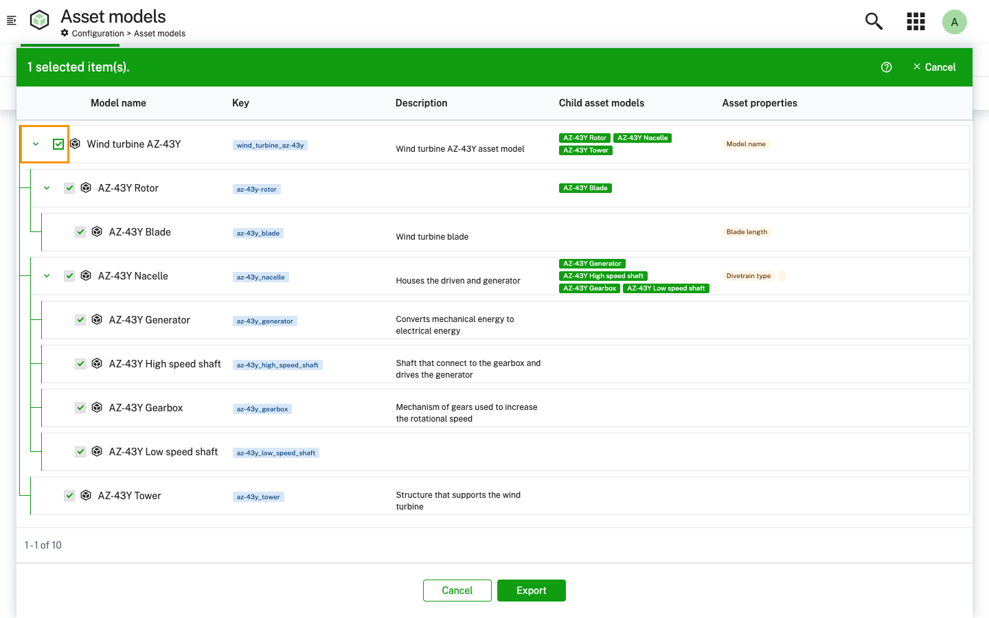 Export asset models dialog