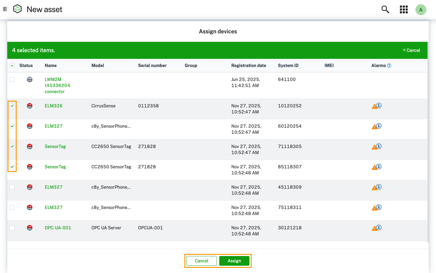 Assigning devices to an asset