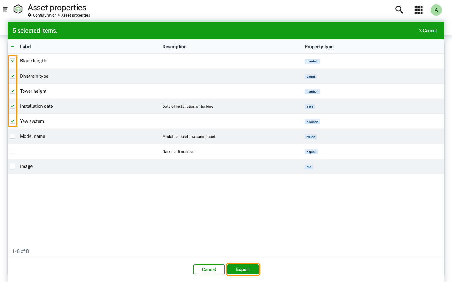 Export asset properties