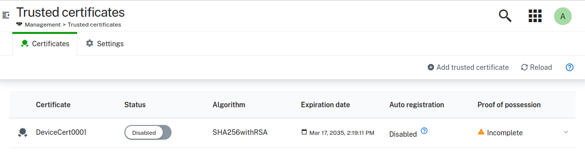 Trusted certificate added