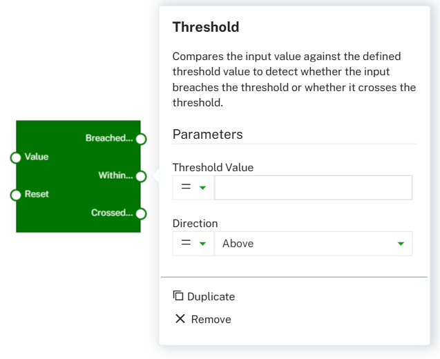 Example of the block parameter editor for the Threshold block