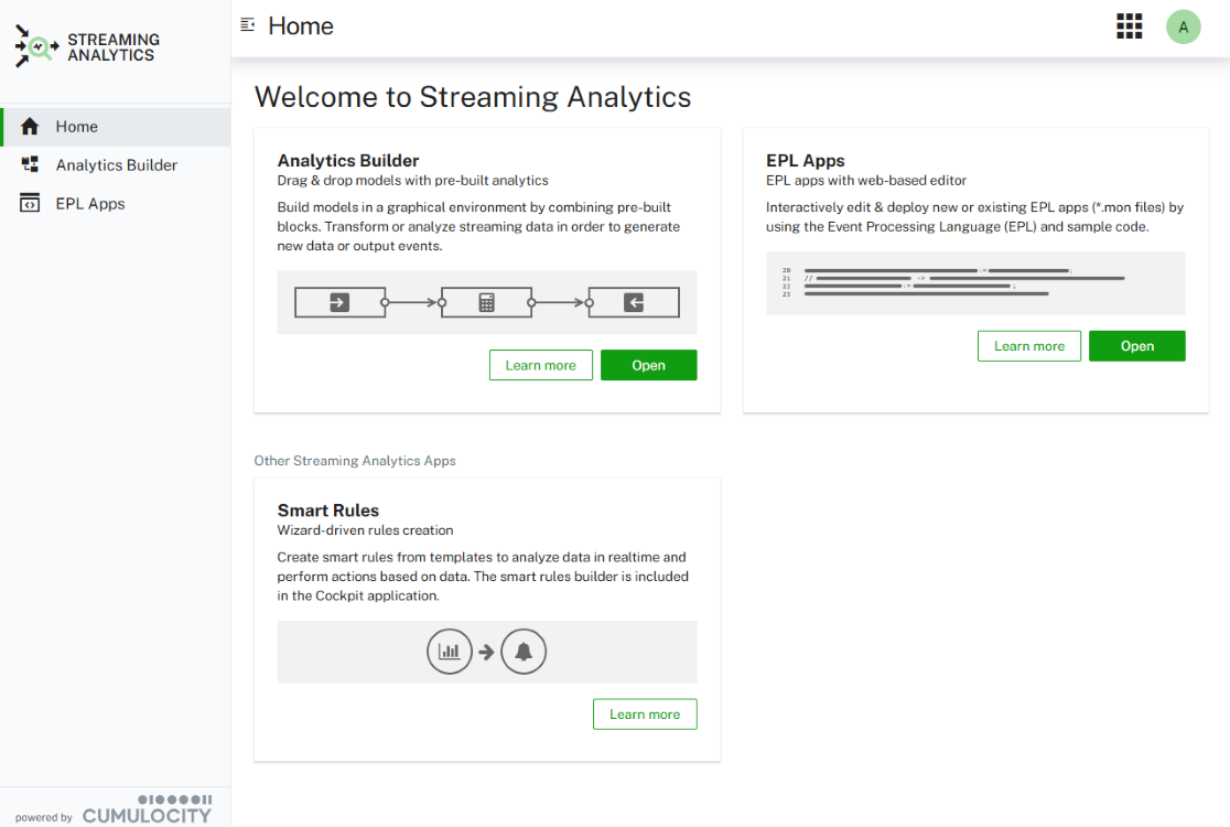 Streaming Analytics home screen