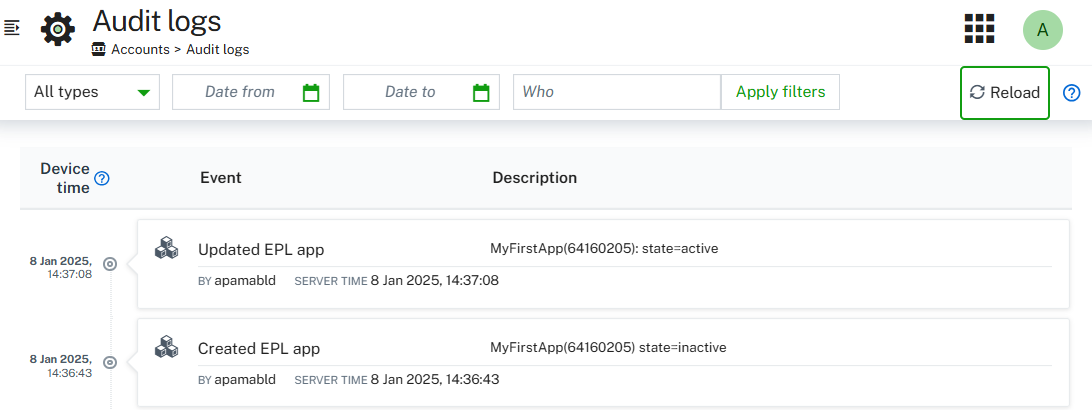 Audit log entries for Streaming Analytics