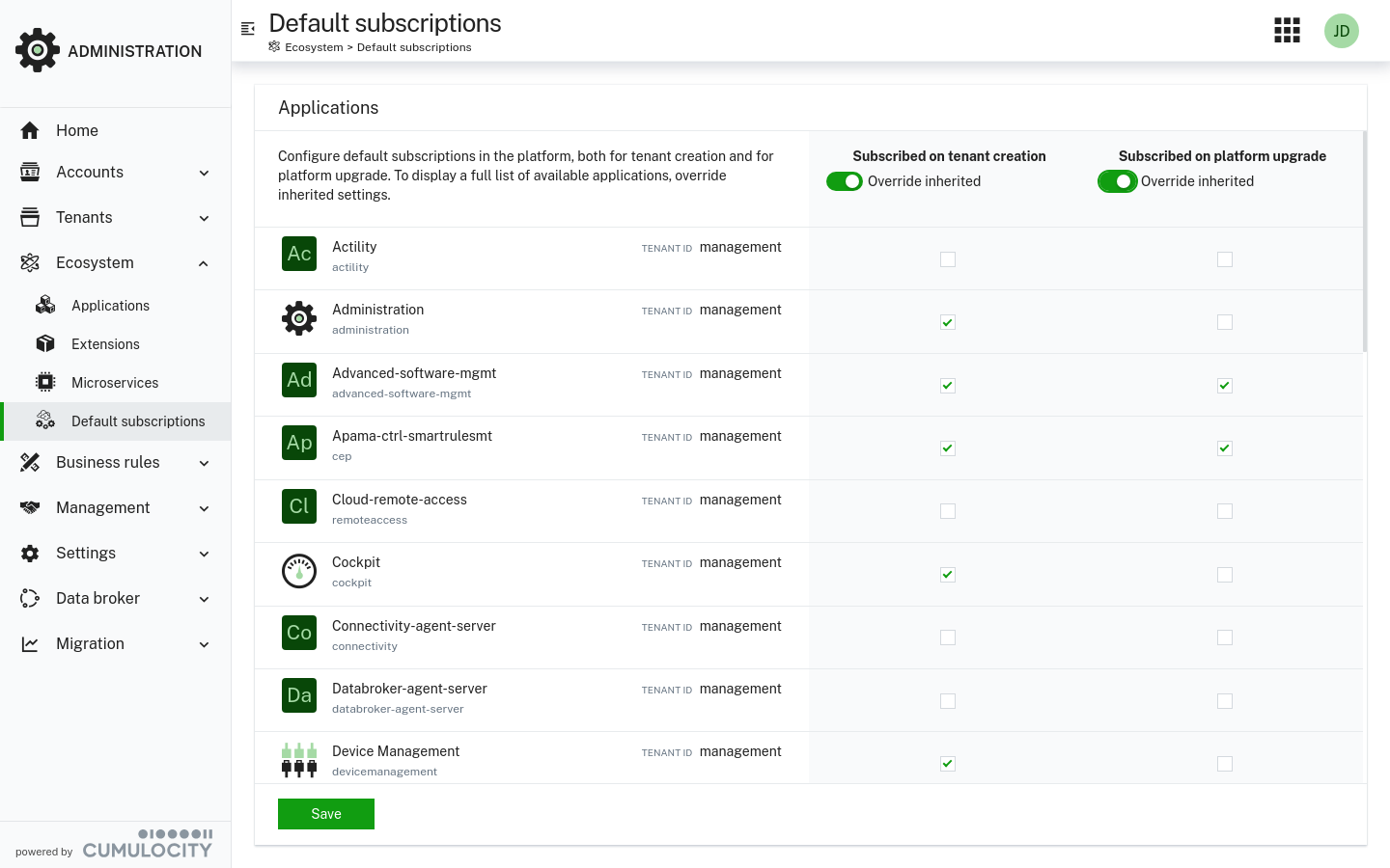 Default subscriptions - overriding settings from tenant hierarchy
