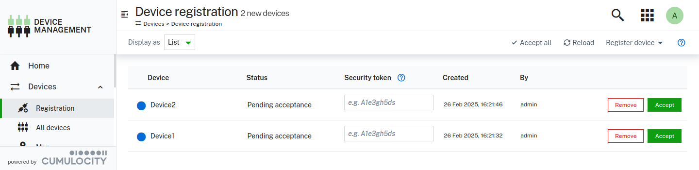 Accepting devices registrations under optional security token policy