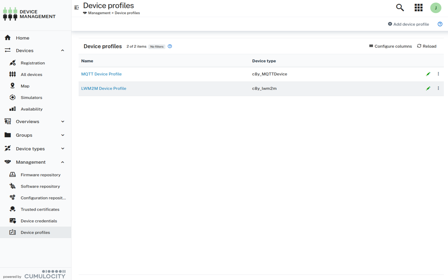 Device profiles list