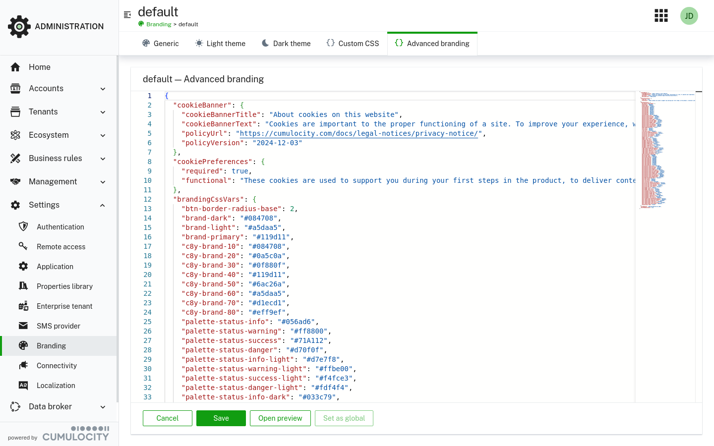 Advanced branding tab