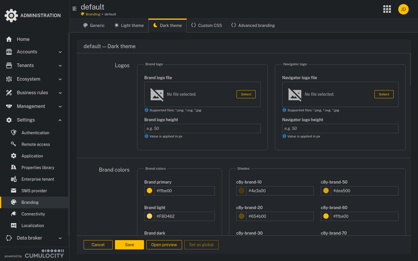 Dark theme branding tab
