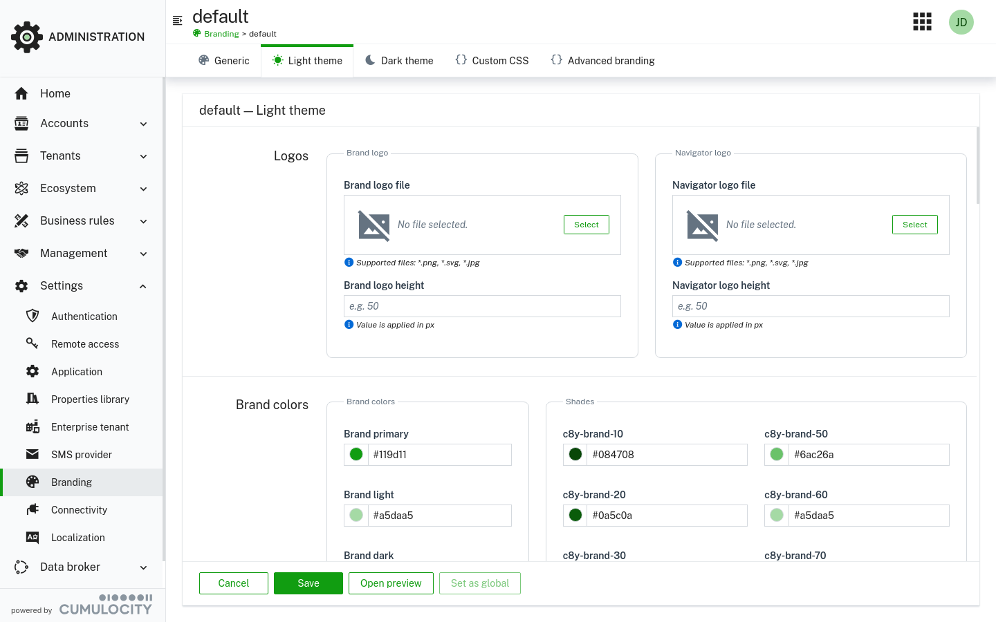 Light theme branding tab