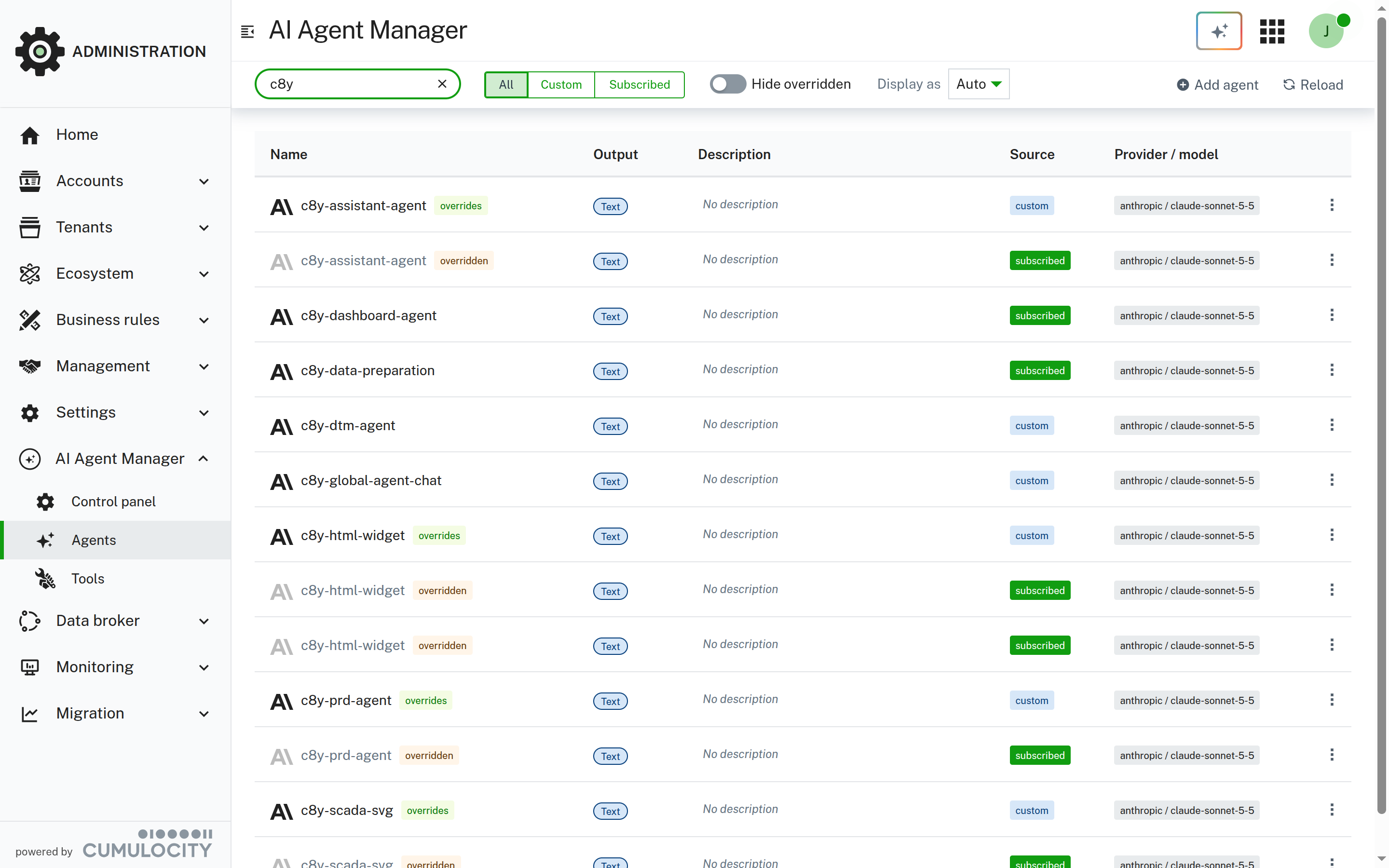 The agent list shows custom and subscribed agents