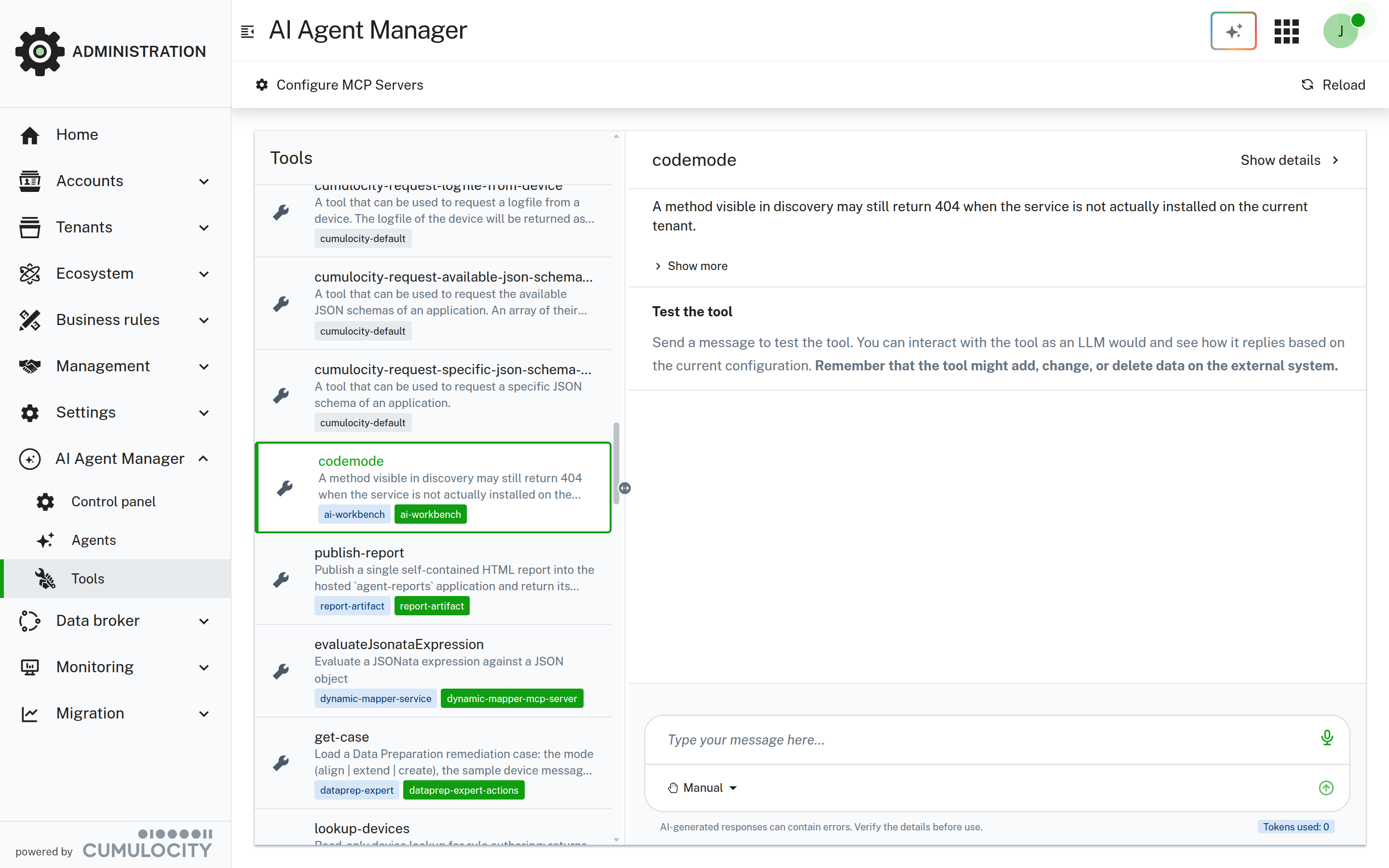 The codemode tool of AI Workbench on the Tools page