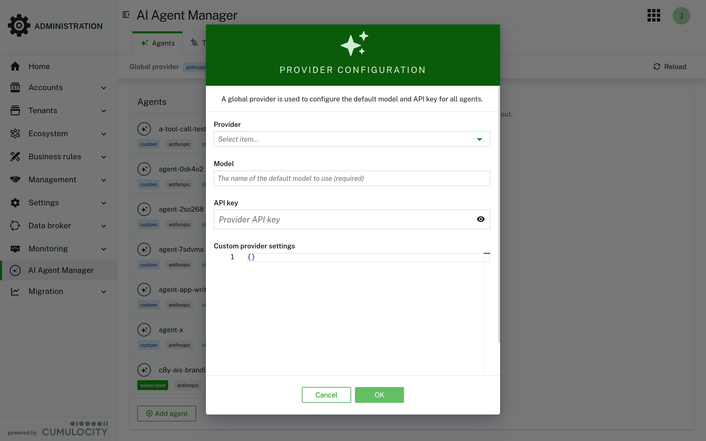 The modal helps to configure your global provider