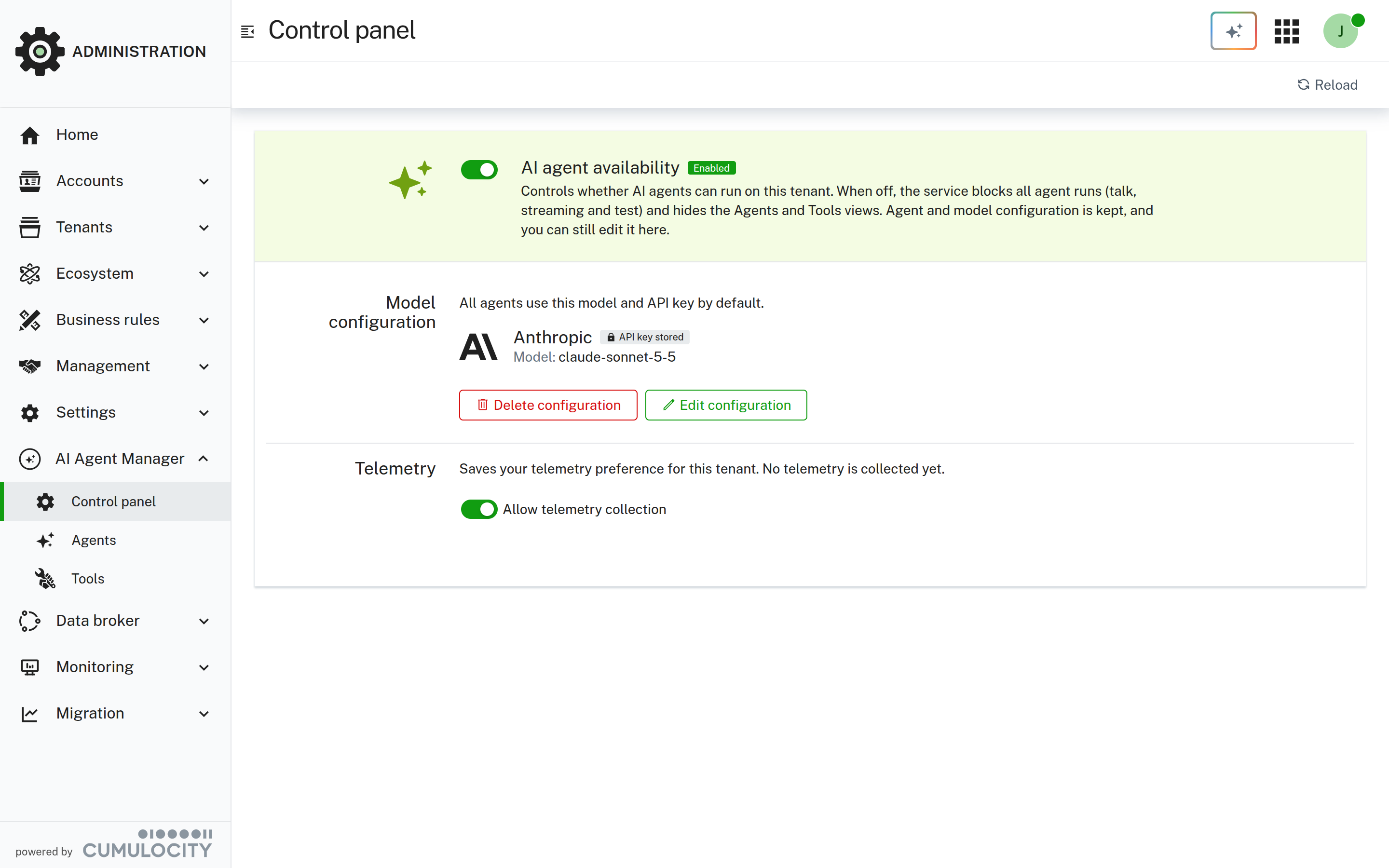 The control panel with the availability switch, the model configuration, and the telemetry setting