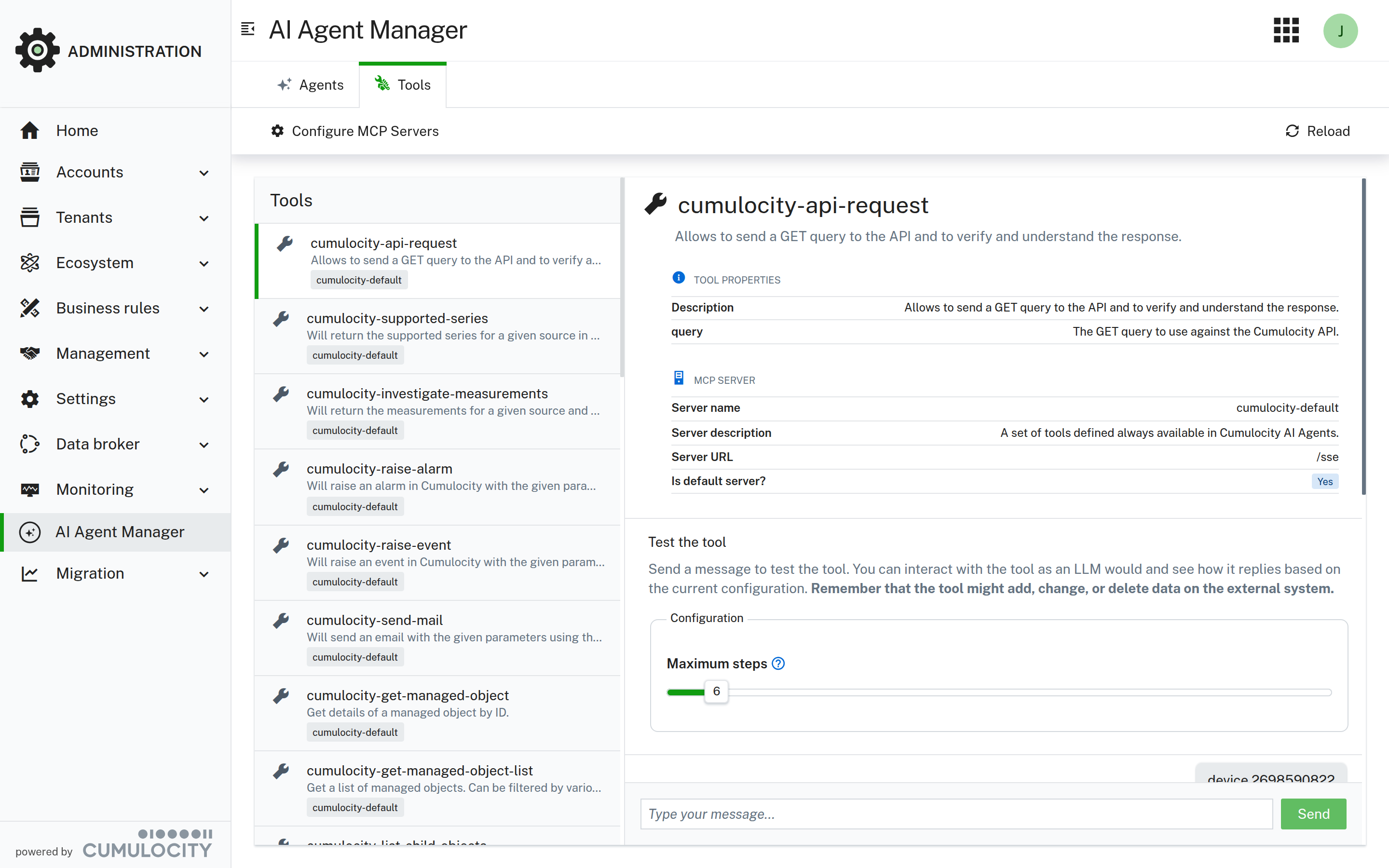 Default tools can be tested in the detail view