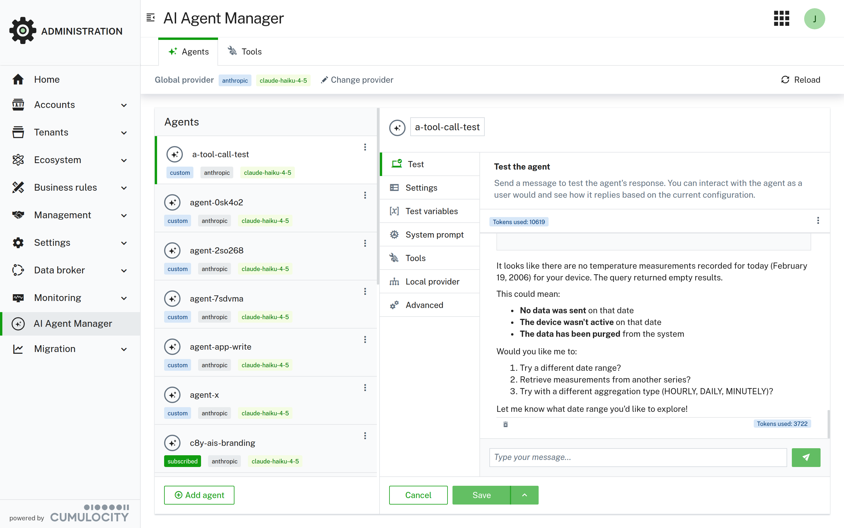 The AI Manager default view and a test prompt