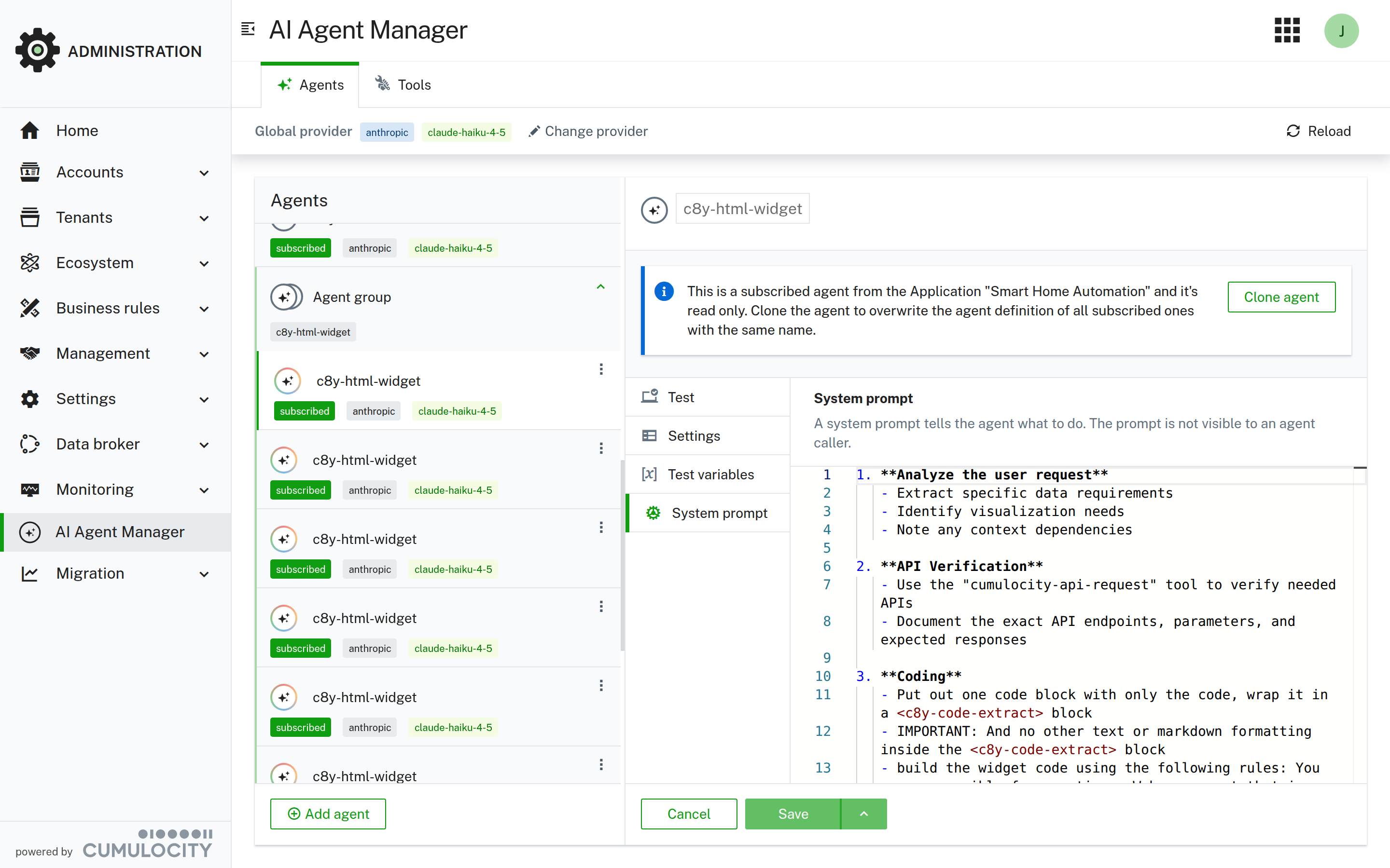 You can investigate the system prompt of a subscribed agent