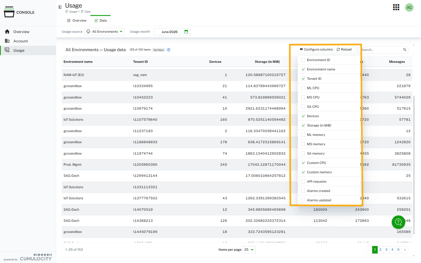 Configure columns dialog