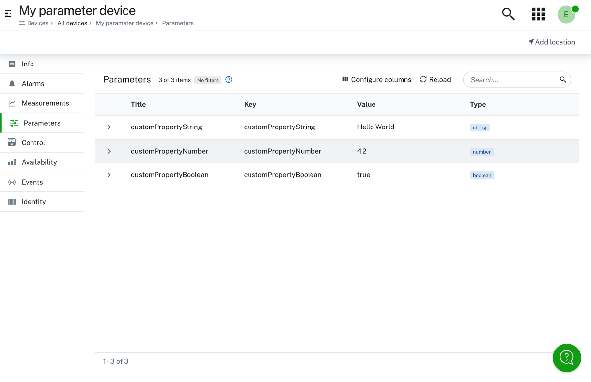 Parameter Tab - List of parameters