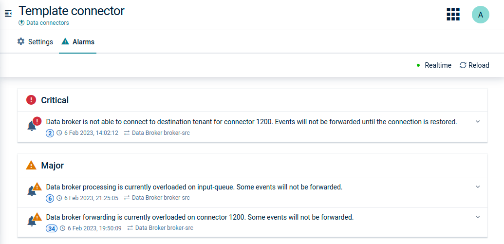 Data broker alarms
