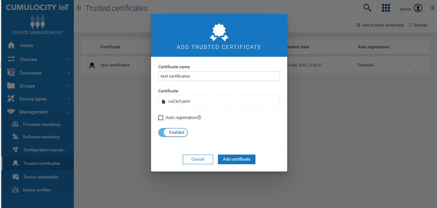 Trusted certificate addition