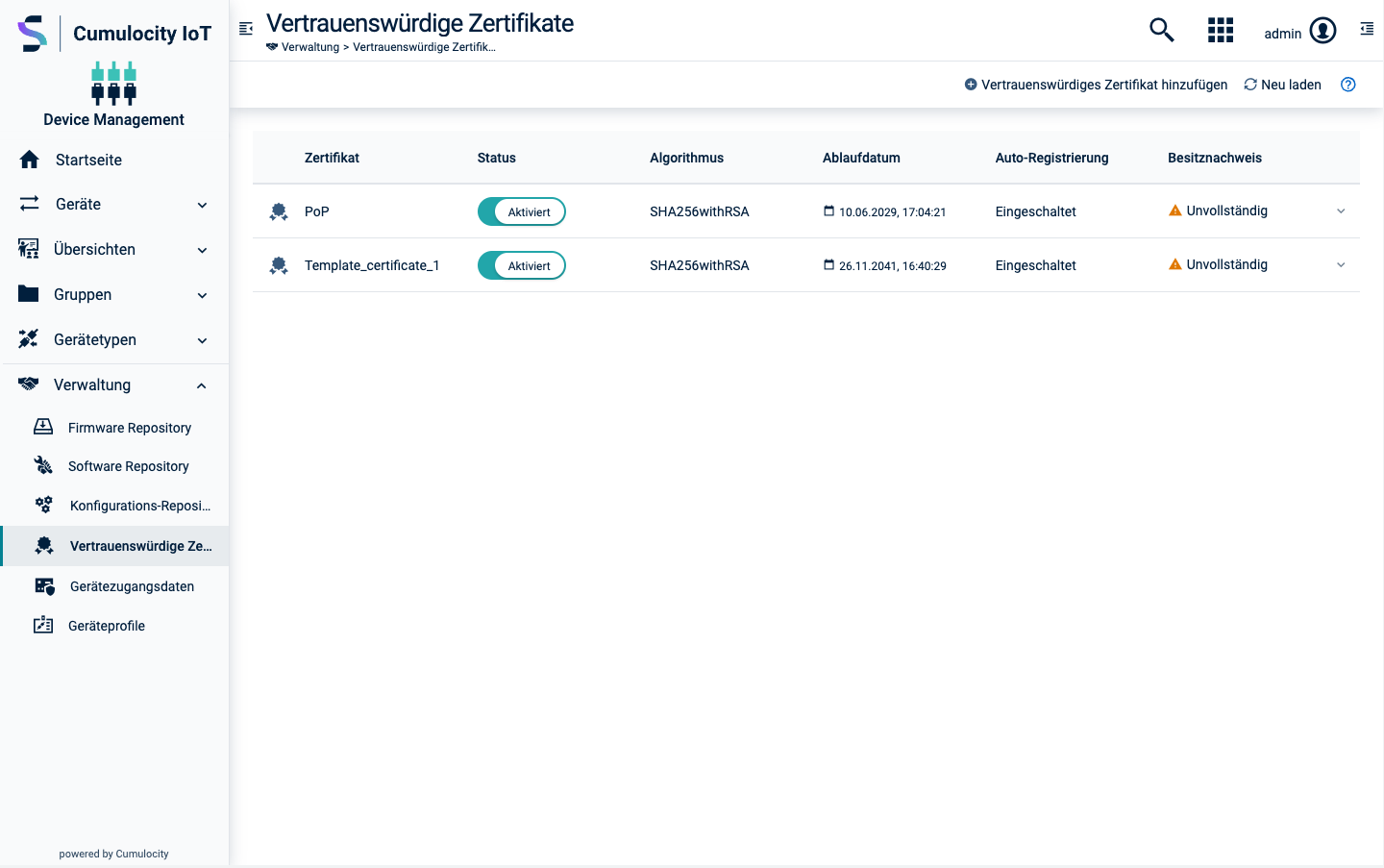 Trusted certificates List