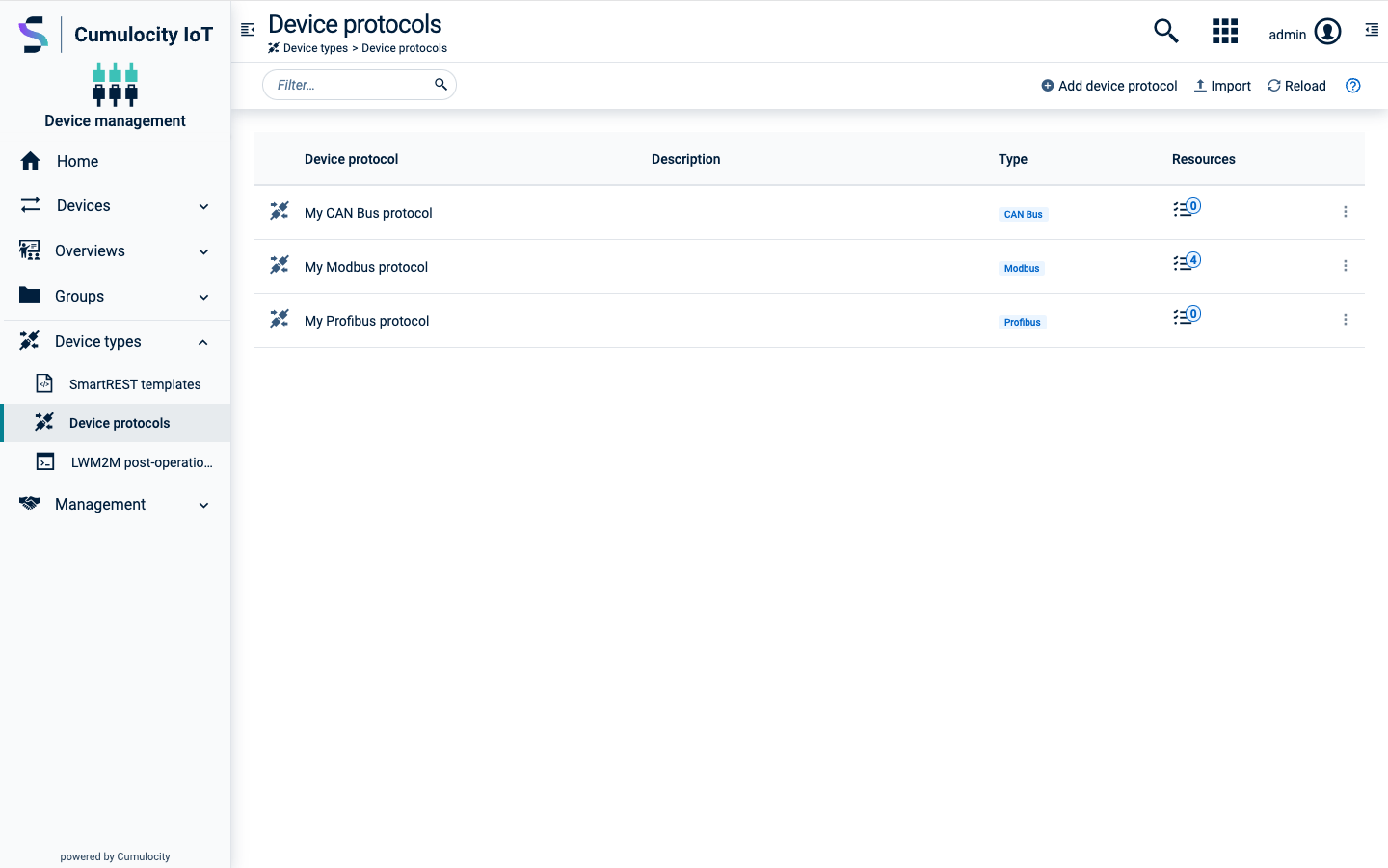 Device protocol list