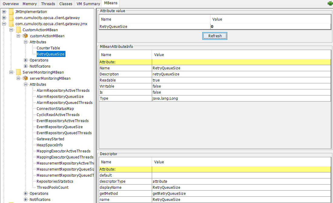 jconsole MBeans CustomActionMBean RetryQueueSize