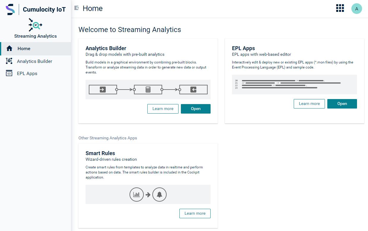 Streaming Analytics home screen