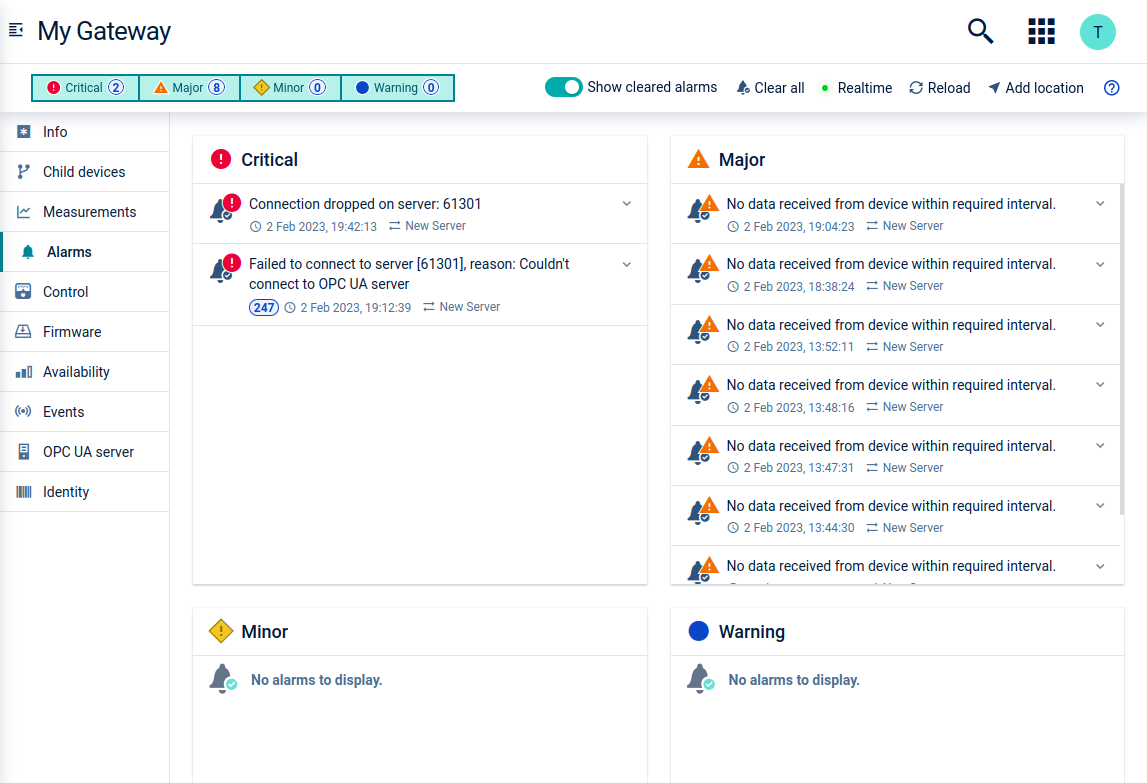 Gateway alarms tab