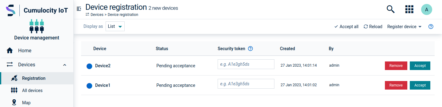Accepting devices registrations under optional security token policy