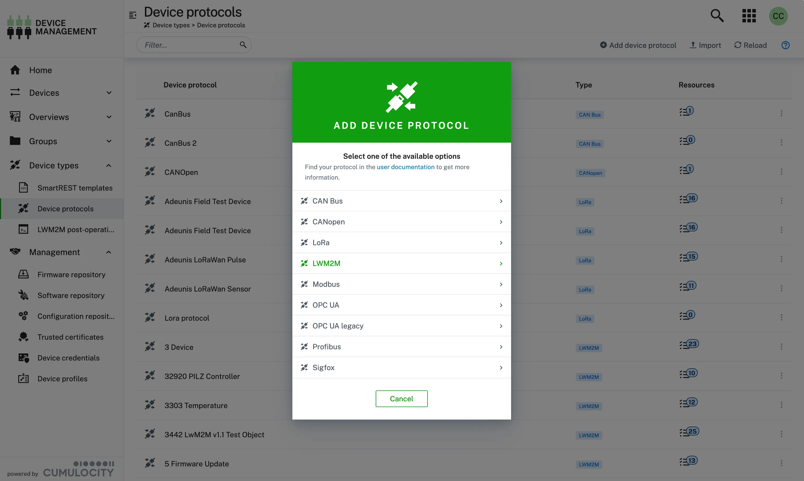 Device management screen from Cumulocity highlighting the Lwm2m option